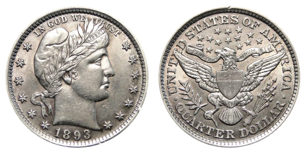 1893 Barber quarter obverse and reverse showing Liberty portrait and heraldic eagle design