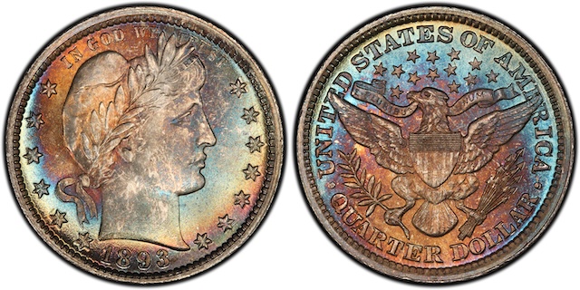 Side-by-side comparison of standard 1893 quarter date and Repunched Date variety showing doubling inside the 3