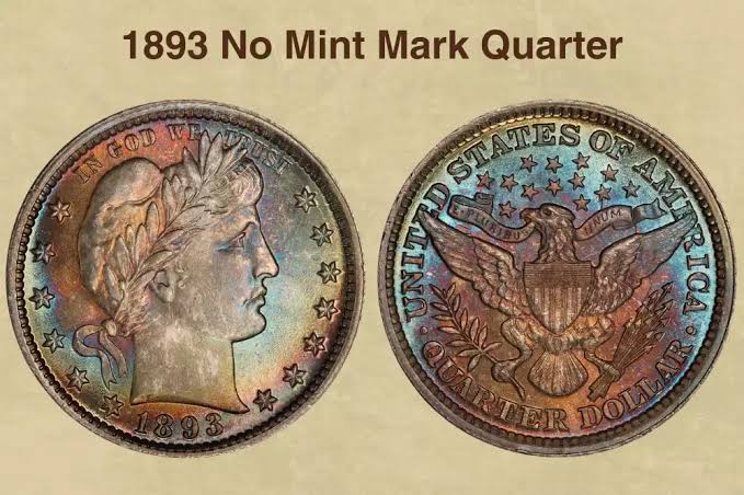 1893 Barber quarter grading strip showing worn, fine, AU, and mint state condition examples